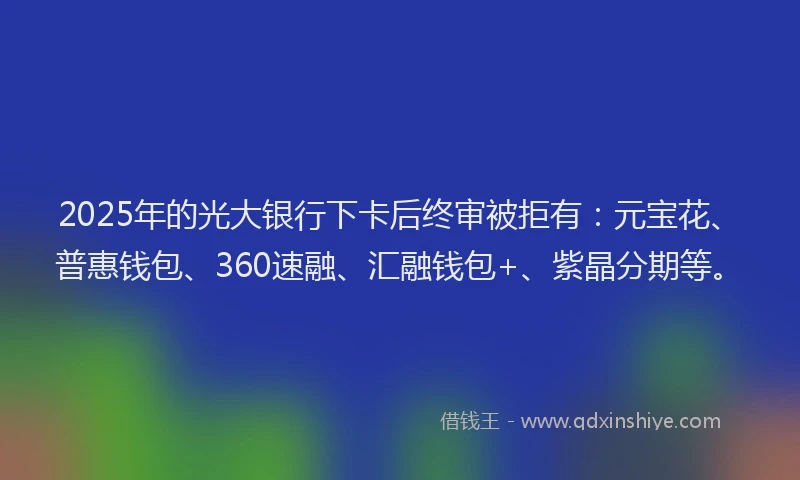 2025年的光大银行下卡后终审被拒有：元宝花、普惠钱包、360速融、汇融钱包+、紫晶分期等。