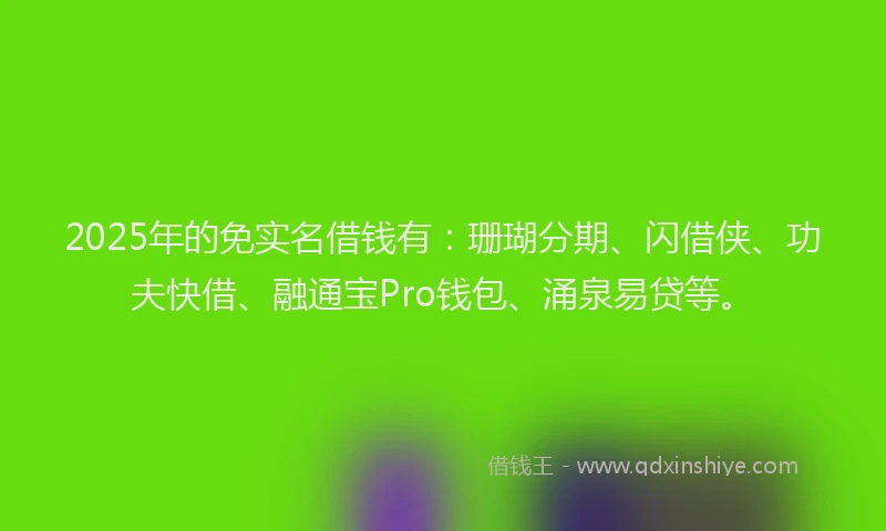 2025年的免实名借钱有：珊瑚分期、闪借侠、功夫快借、融通宝Pro钱包、涌泉易贷等。
