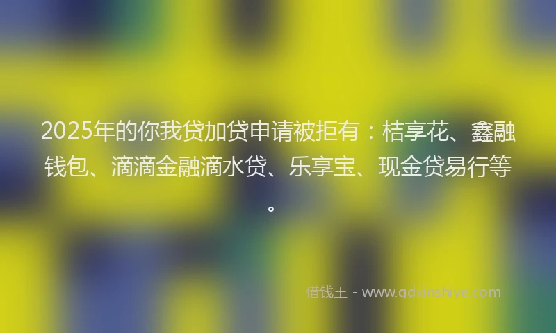 2025年的你我贷加贷申请被拒有：桔享花、鑫融钱包、滴滴金融滴水贷、乐享宝、现金贷易行等。