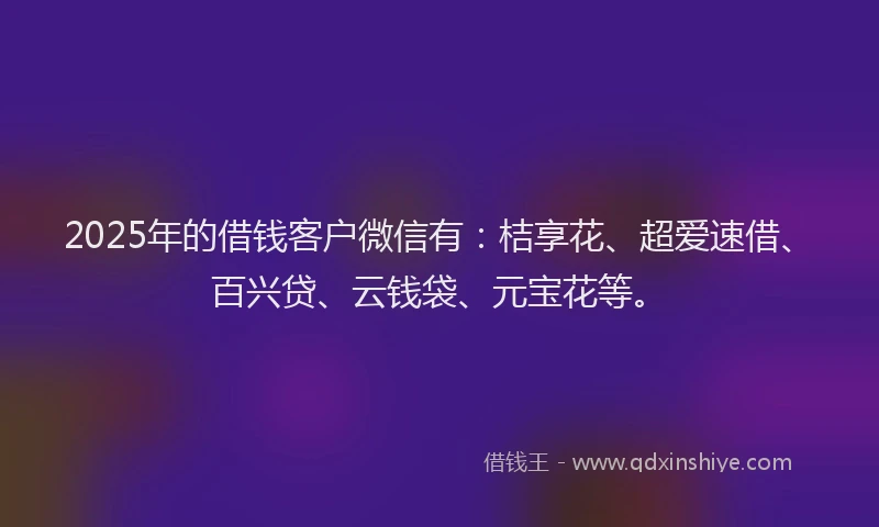 2025年的借钱客户微信有：桔享花、超爱速借、百兴贷、云钱袋、元宝花等。