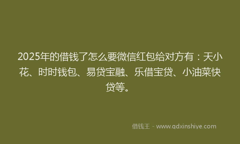 2025年的借钱了怎么要微信红包给对方有：天小花、时时钱包、易贷宝融、乐借宝贷、小油菜快贷等。