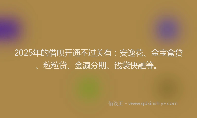 2025年的借呗开通不过关有：安逸花、金宝盒贷、粒粒贷、金瀛分期、钱袋快融等。