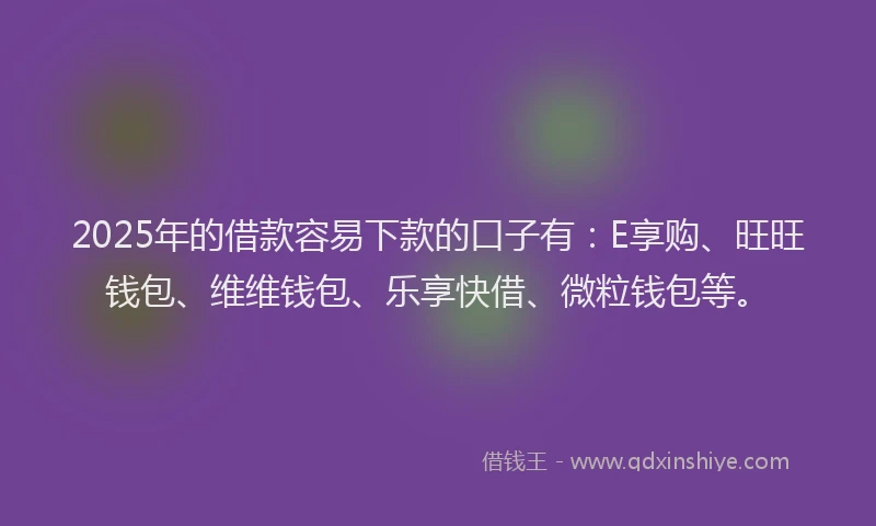 2025年的借款容易下款的口子有：E享购、旺旺钱包、维维钱包、乐享快借、微粒钱包等。
