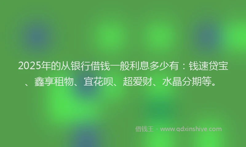 2025年的从银行借钱一般利息多少有：钱速贷宝、鑫享租物、宜花呗、超爱财、水晶分期等。