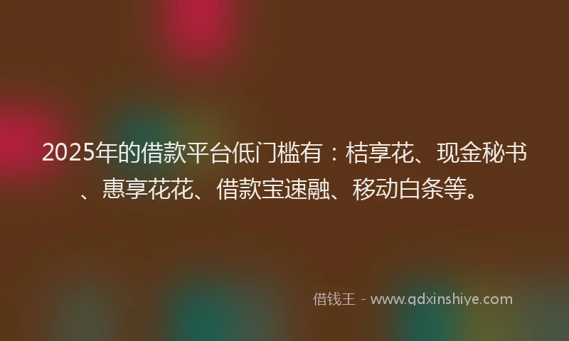 2025年的借款平台低门槛有：桔享花、现金秘书、惠享花花、借款宝速融、移动白条等。