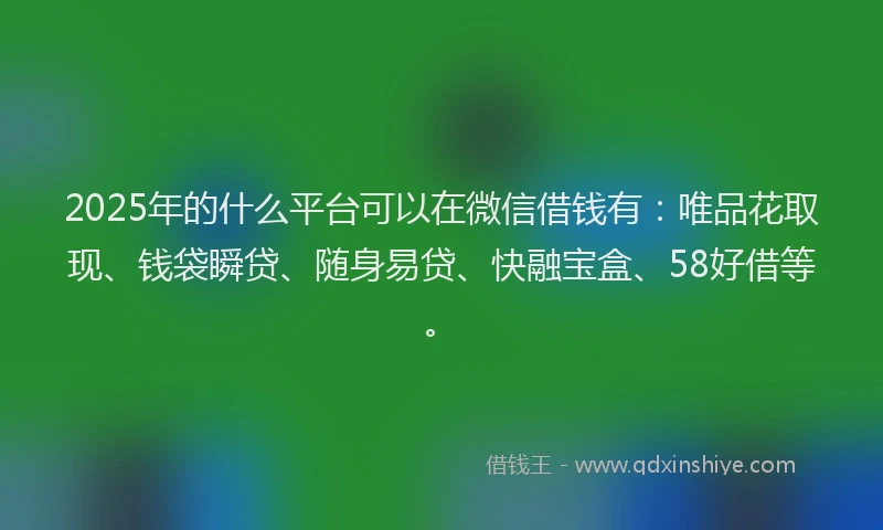 2025年的什么平台可以在微信借钱有：唯品花取现、钱袋瞬贷、随身易贷、快融宝盒、58好借等。
