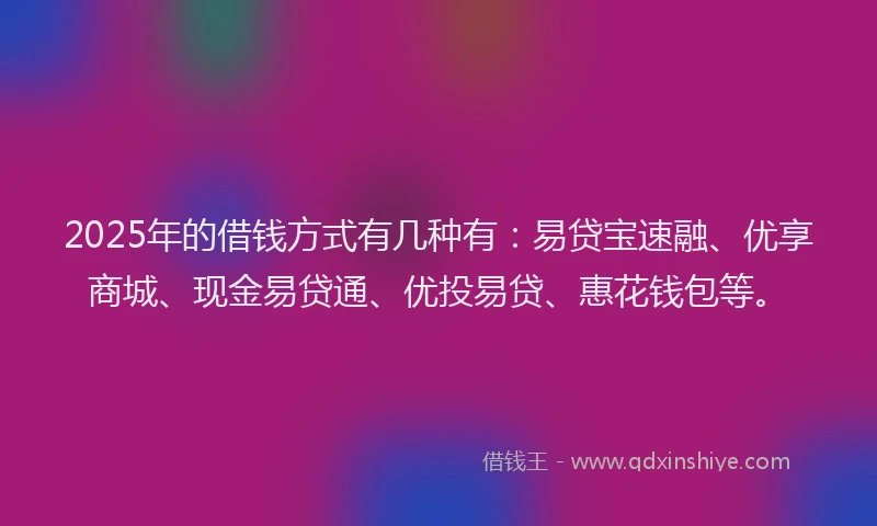 2025年的借钱方式有几种有：易贷宝速融、优享商城、现金易贷通、优投易贷、惠花钱包等。