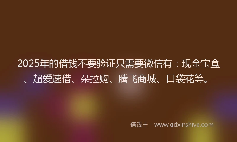 2025年的借钱不要验证只需要微信有：现金宝盒、超爱速借、朵拉购、腾飞商城、口袋花等。