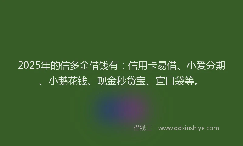 2025年的信多金借钱有:信用卡易借、小爱分期、小鹅花钱、现金秒贷宝、宜口袋等。