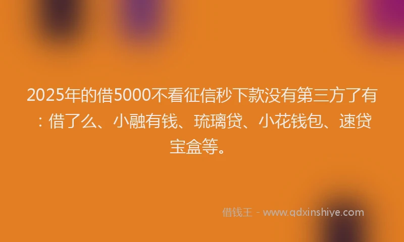 2025年的借5000不看征信秒下款没有第三方了有：借了么、小融有钱、琉璃贷、小花钱包、速贷宝盒等。