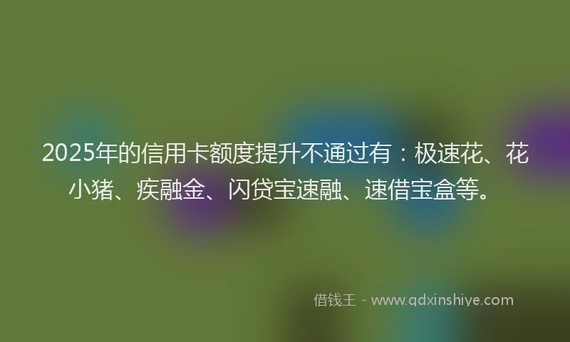 2025年的信用卡额度提升不通过有：极速花、花小猪、疾融金、闪贷宝速融、速借宝盒等。
