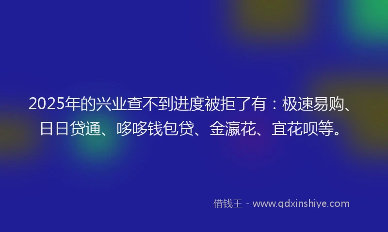2025年的兴业查不到进度被拒了有：极速易购、日日贷通、哆哆钱包贷、金瀛花、宜花呗等。