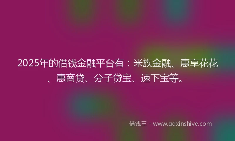 2025年的借钱金融平台有：米族金融、惠享花花、惠商贷、分子贷宝、速下宝等。