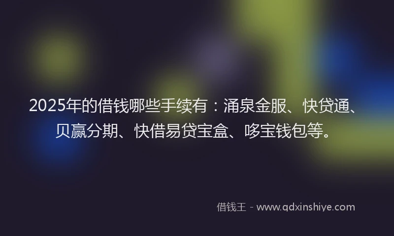 2025年的借钱哪些手续有：涌泉金服、快贷通、贝赢分期、快借易贷宝盒、哆宝钱包等。