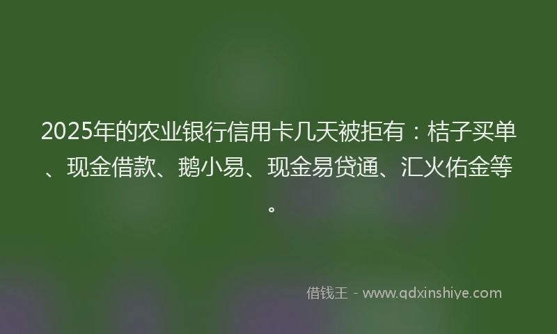 2025年的农业银行信用卡几天被拒有：桔子买单、现金借款、鹅小易、现金易贷通、汇火佑金等。
