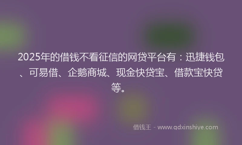2025年的借钱不看征信的网贷平台有：迅捷钱包、可易借、企鹅商城、现金快贷宝、借款宝快贷等。
