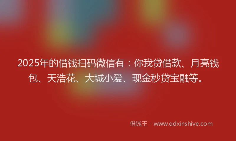 2025年的借钱扫码微信有：你我贷借款、月亮钱包、天浩花、大城小爱、现金秒贷宝融等。