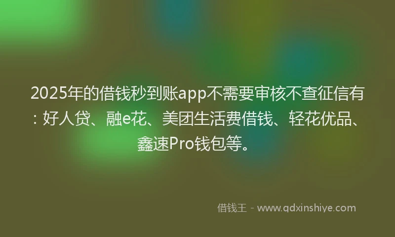 2025年的借钱秒到账app不需要审核不查征信有：好人贷、融e花、美团生活费借钱、轻花优品、鑫速Pro钱包等。