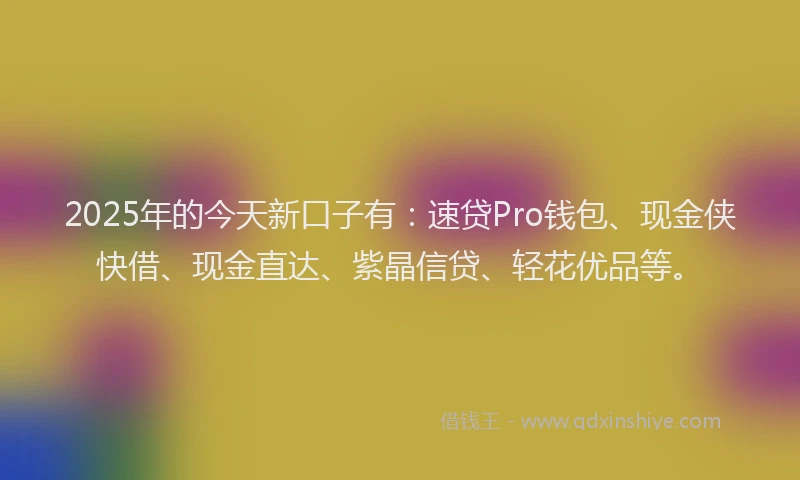 2025年的今天新口子有：速贷Pro钱包、现金侠快借、现金直达、紫晶信贷、轻花优品等。