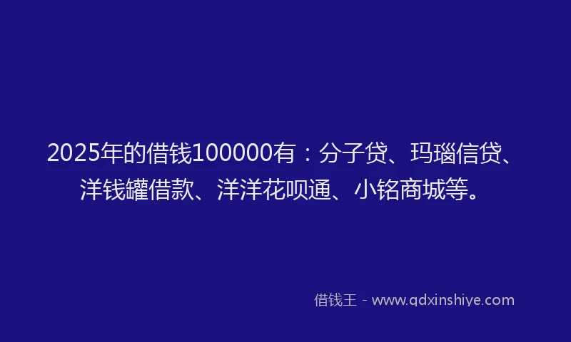 2025年的借钱100000有：分子贷、玛瑙信贷、洋钱罐借款、洋洋花呗通、小铭商城等。