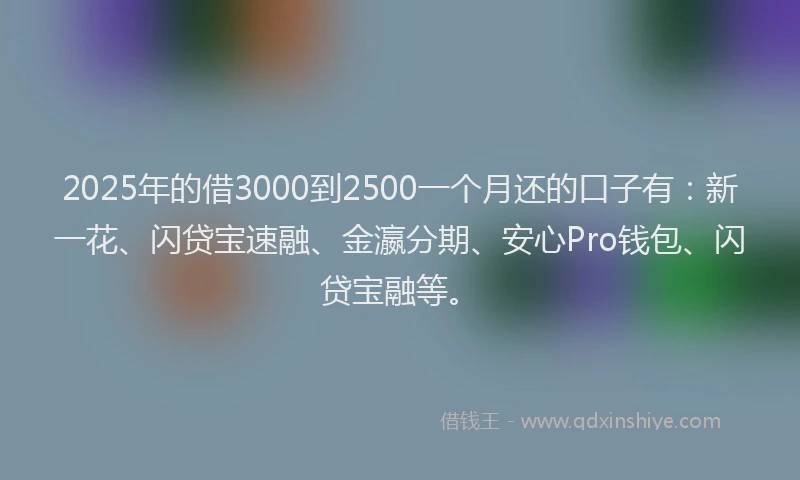 2025年的借3000到2500一个月还的口子有：新一花、闪贷宝速融、金瀛分期、安心Pro钱包、闪贷宝融等。