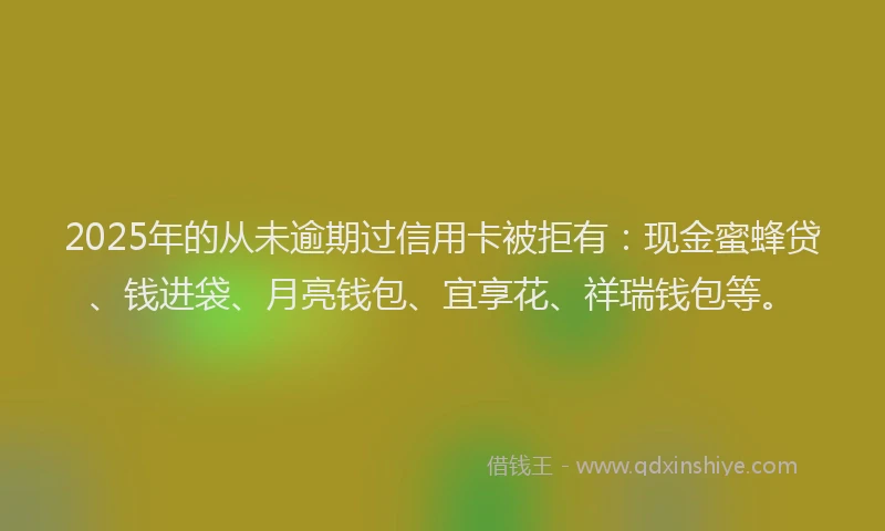 2025年的从未逾期过信用卡被拒有：现金蜜蜂贷、钱进袋、月亮钱包、宜享花、祥瑞钱包等。