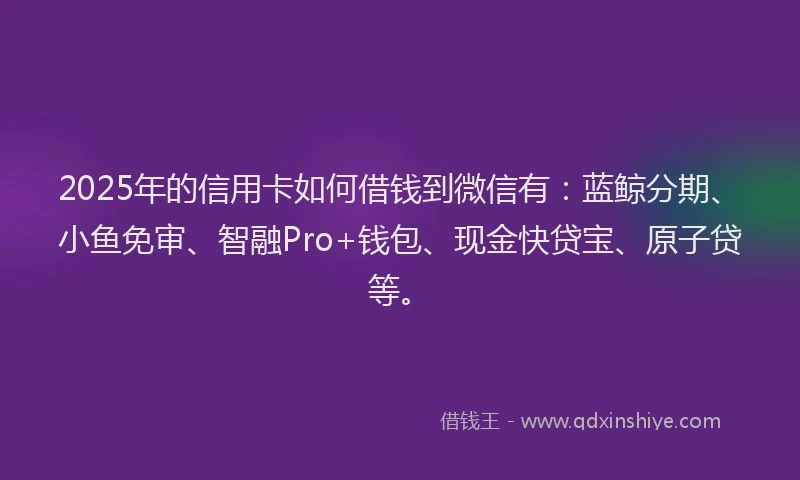 2025年的信用卡如何借钱到微信有：蓝鲸分期、小鱼免审、智融Pro+钱包、现金快贷宝、原子贷等。