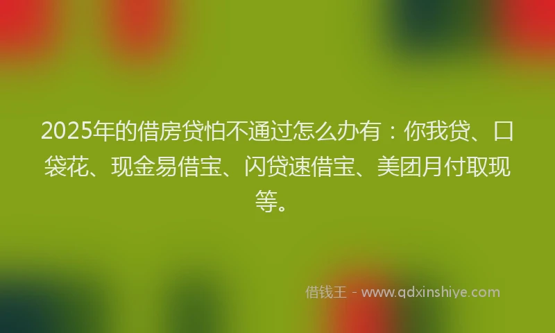 2025年的借房贷怕不通过怎么办有：你我贷、口袋花、现金易借宝、闪贷速借宝、美团月付取现等。