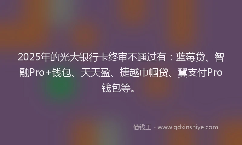 2025年的光大银行卡终审不通过有:蓝莓贷、智融Pro+钱包、天天盈、捷越巾帼贷、翼支付Pro钱包等。