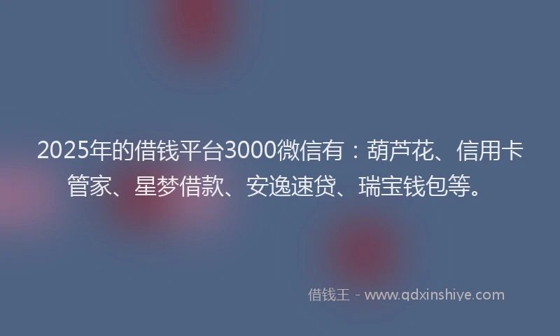 2025年的借钱平台3000微信有：葫芦花、信用卡管家、星梦借款、安逸速贷、瑞宝钱包等。