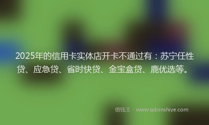 2025年的信用卡实体店开卡不通过有：苏宁任性贷、应急贷、省时快贷、金宝盒贷、鹿优选等。
