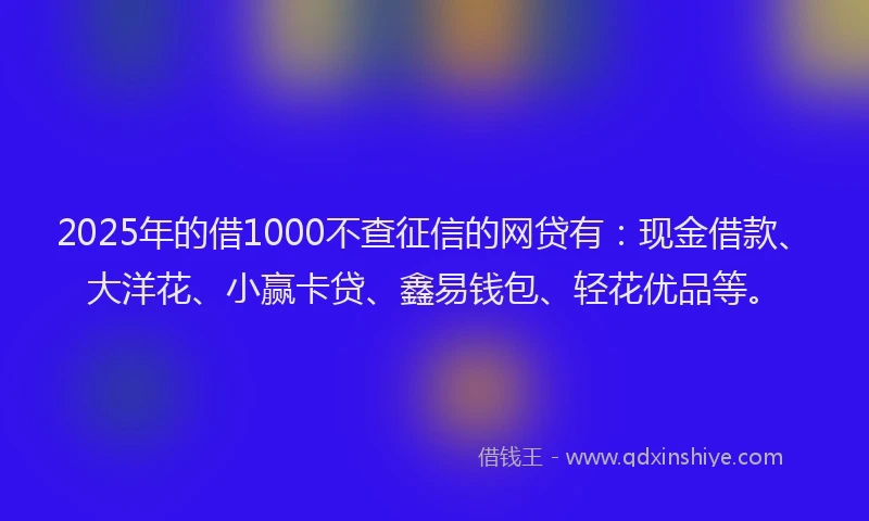 2025年的借1000不查征信的网贷有：现金借款、大洋花、小赢卡贷、鑫易钱包、轻花优品等。