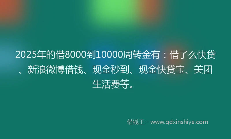 2025年的借8000到10000周转金有：借了么快贷、新浪微博借钱、现金秒到、现金快贷宝、美团生活费等。