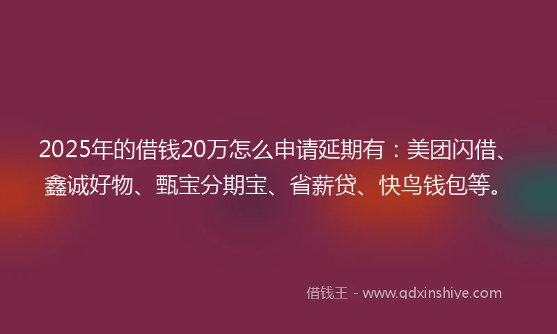 2025年的借钱20万怎么申请延期有：美团闪借、鑫诚好物、甄宝分期宝、省薪贷、快鸟钱包等。