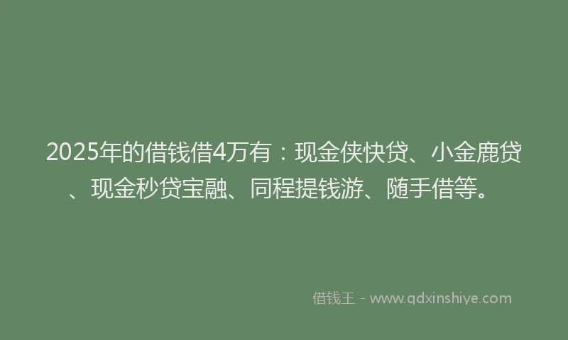 2025年的借钱借4万有：现金侠快贷、小金鹿贷、现金秒贷宝融、同程提钱游、随手借等。