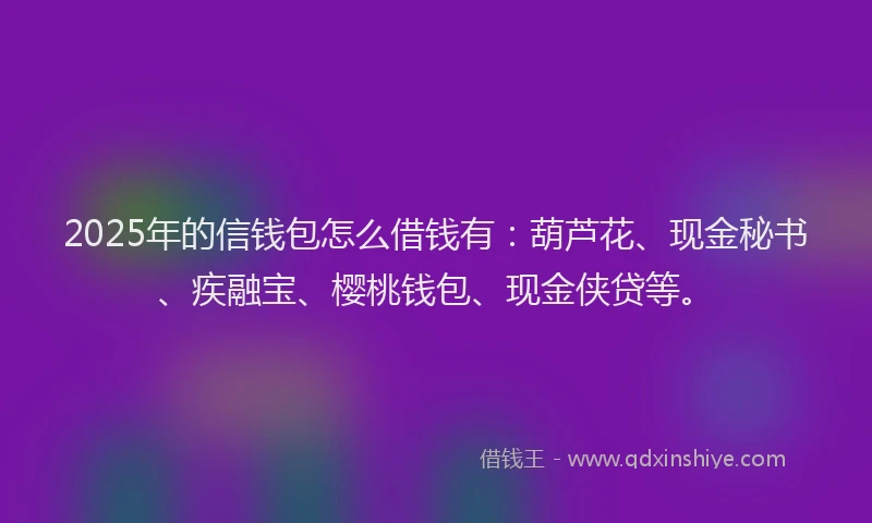 2025年的信钱包怎么借钱有：葫芦花、现金秘书、疾融宝、樱桃钱包、现金侠贷等。