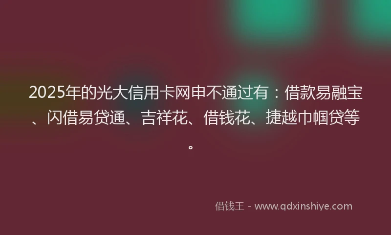 2025年的光大信用卡网申不通过有：借款易融宝、闪借易贷通、吉祥花、借钱花、捷越巾帼贷等。