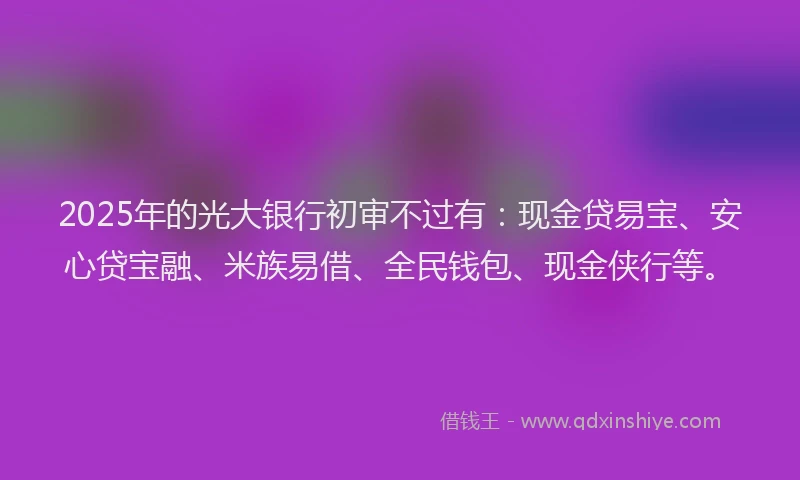 2025年的光大银行初审不过有：现金贷易宝、安心贷宝融、米族易借、全民钱包、现金侠行等。