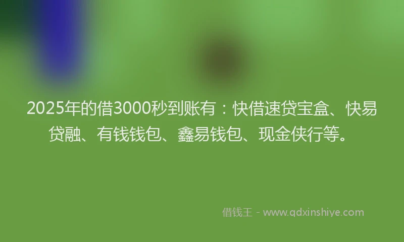 2025年的借3000秒到账有：快借速贷宝盒、快易贷融、有钱钱包、鑫易钱包、现金侠行等。