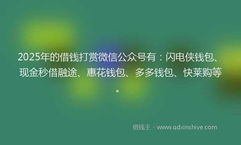 2025年的借钱打赏微信公众号有：闪电侠钱包、现金秒借融途、惠花钱包、多多钱包、快莱购等。