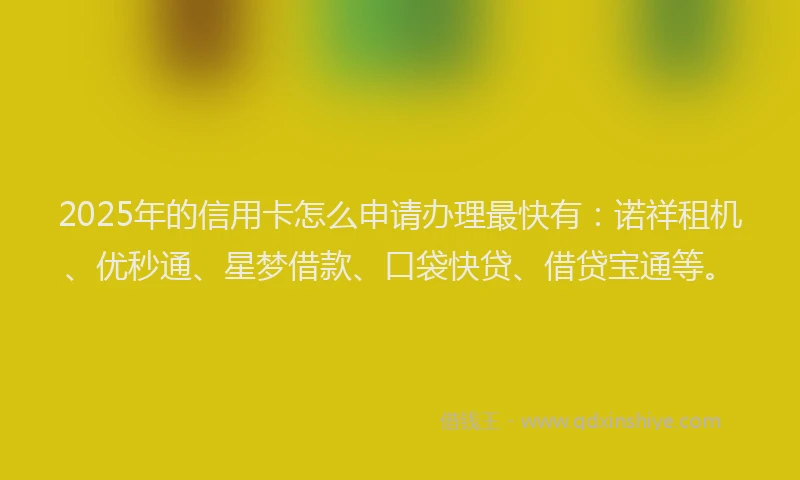 2025年的信用卡怎么申请办理最快有：诺祥租机、优秒通、星梦借款、口袋快贷、借贷宝通等。