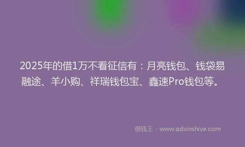 2025年的借1万不看征信有：月亮钱包、钱袋易融途、羊小购、祥瑞钱包宝、鑫速Pro钱包等。