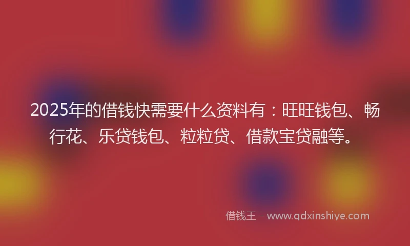 2025年的借钱快需要什么资料有：旺旺钱包、畅行花、乐贷钱包、粒粒贷、借款宝贷融等。