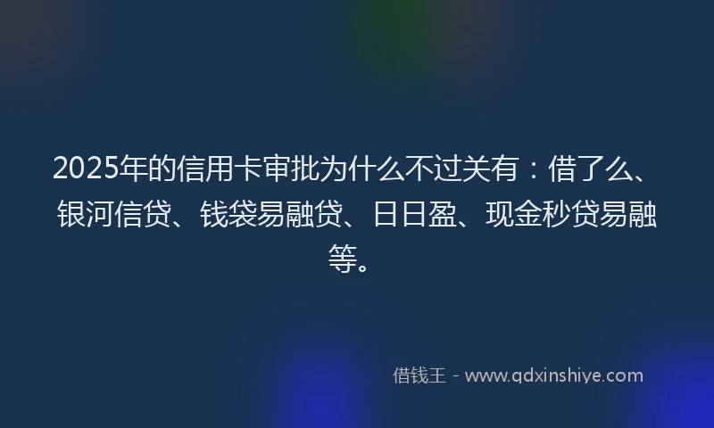 2025年的信用卡审批为什么不过关有：借了么、银河信贷、钱袋易融贷、日日盈、现金秒贷易融等。