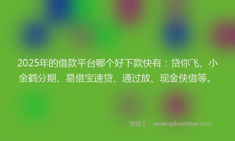2025年的借款平台哪个好下款快有：贷你飞、小金鹤分期、易借宝速贷、通过放、现金侠借等。