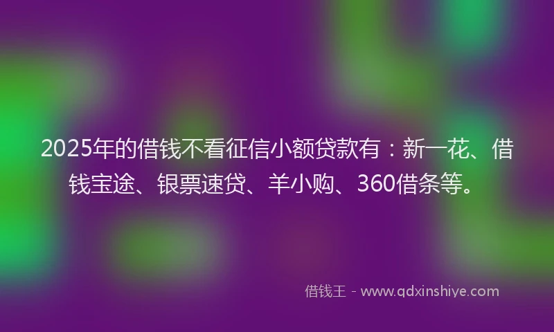 2025年的借钱不看征信小额贷款有：新一花、借钱宝途、银票速贷、羊小购、360借条等。