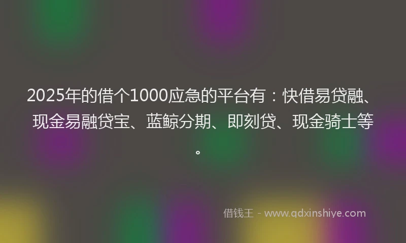 2025年的借个1000应急的平台有：快借易贷融、现金易融贷宝、蓝鲸分期、即刻贷、现金骑士等。