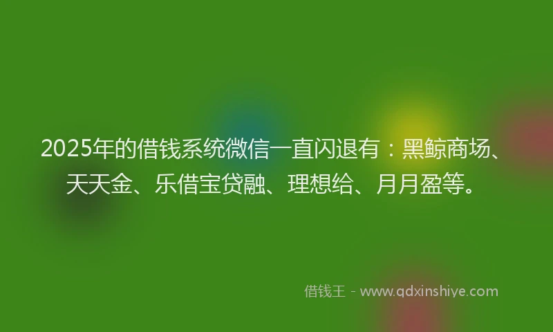 2025年的借钱系统微信一直闪退有：黑鲸商场、天天金、乐借宝贷融、理想给、月月盈等。
