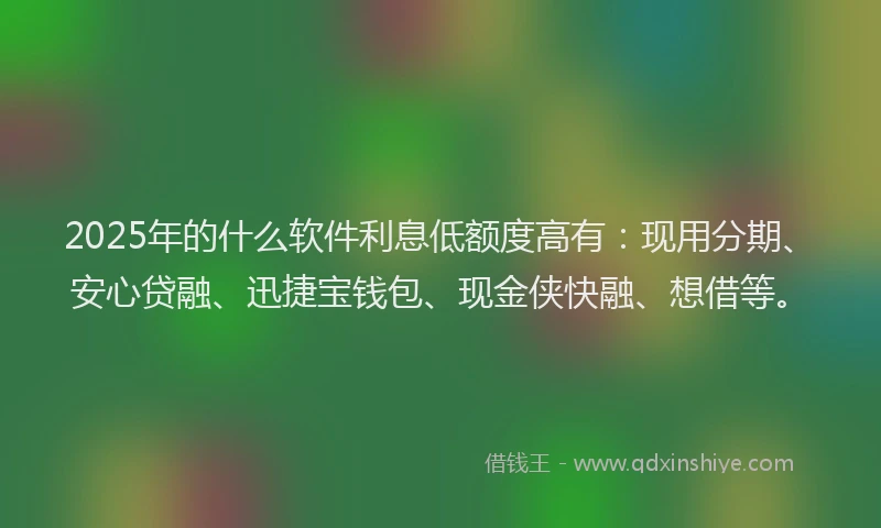 2025年的什么软件利息低额度高有：现用分期、安心贷融、迅捷宝钱包、现金侠快融、想借等。