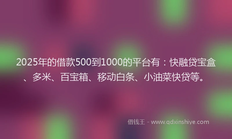 2025年的借款500到1000的平台有：快融贷宝盒、多米、百宝箱、移动白条、小油菜快贷等。